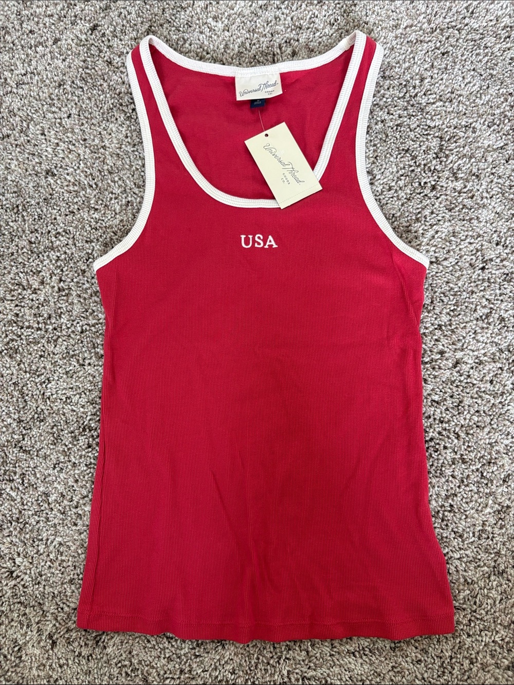$5💕 UNIVERSAL THREAD Red Tank Top with White Trim and USA Embroidery